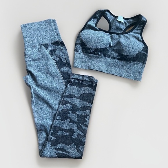 The Unbranded Brand Pants - Womens Activewear Set Gray Black Camo Leggings Sports Bra Stretch High Waist